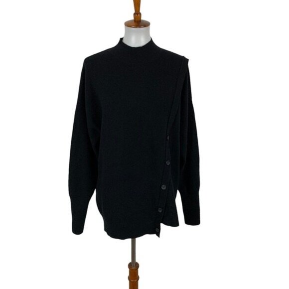 Halogen Black Asymmetrical Button Sweater Long Sleeve Ribbed Knit L Minimalist - Picture 1 of 7